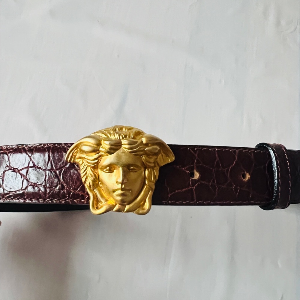 vintage Versace Medusa head brown crocodile-embossed leather belt adjustable